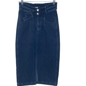 PILCRO Dark Wash Denim Midi Skirt Size 6 High Waist Asymmetrical Wrap Front Slit